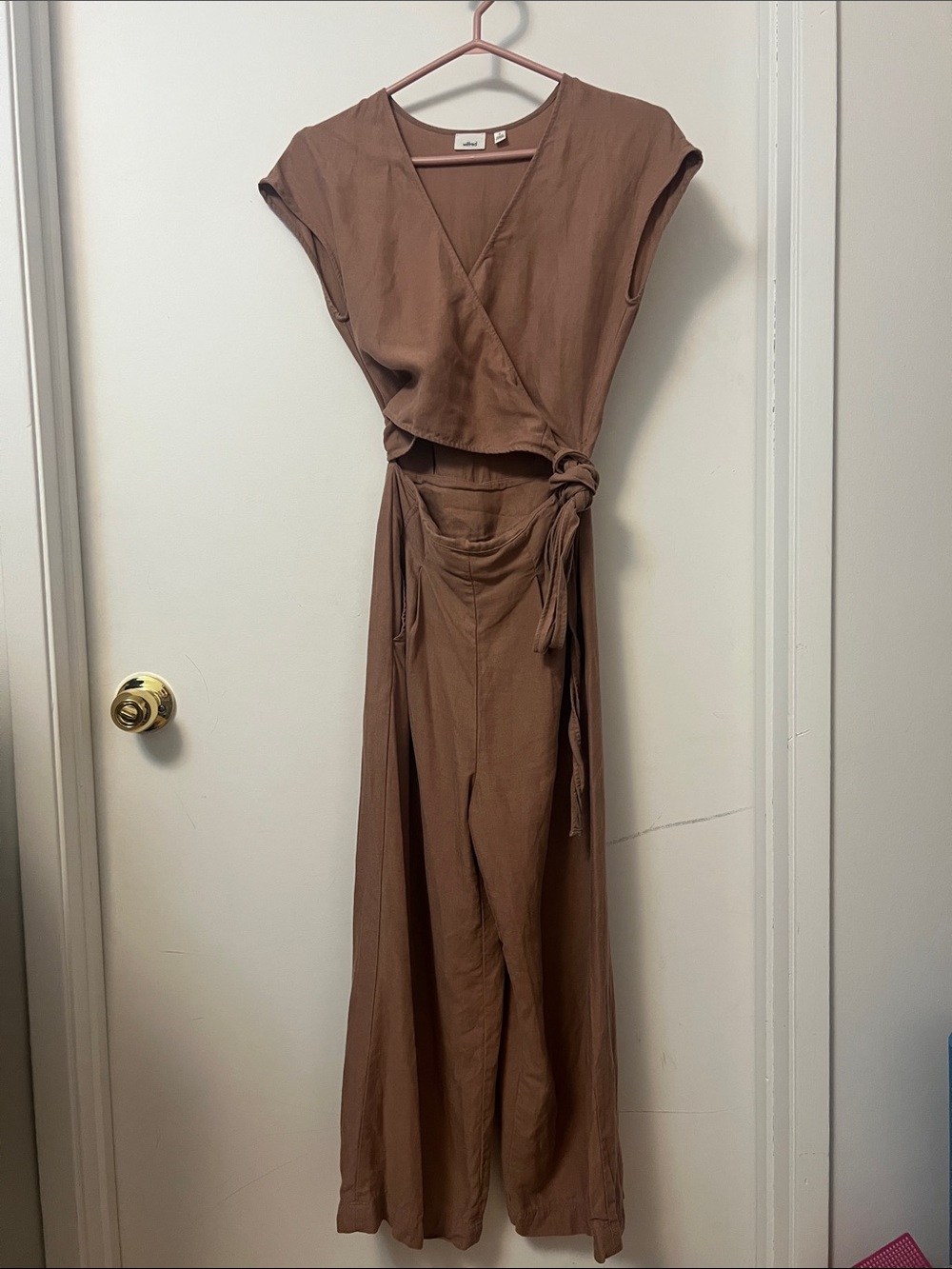 Brown Wrap Jumpsuit Dress with Tie Waist